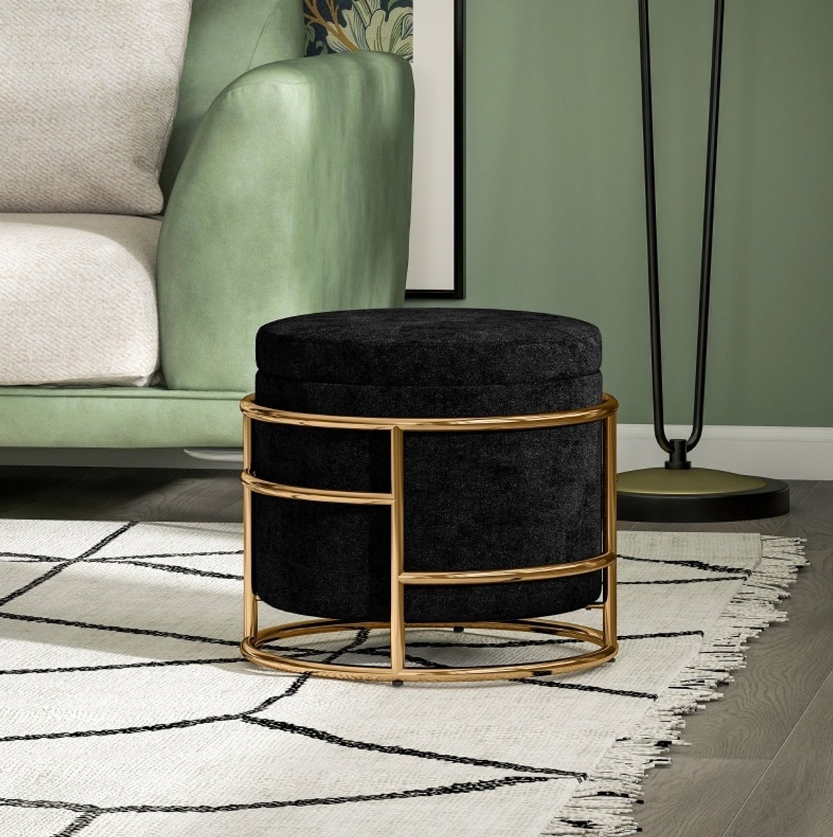 MEUNIQ rond voetenbankje met opbergruimte 42 x 39 cm, gestoffeerde zitkruk met 24L opbergruimte, gouden metalen frame, zwart, voor woonkamer of slaapkamer