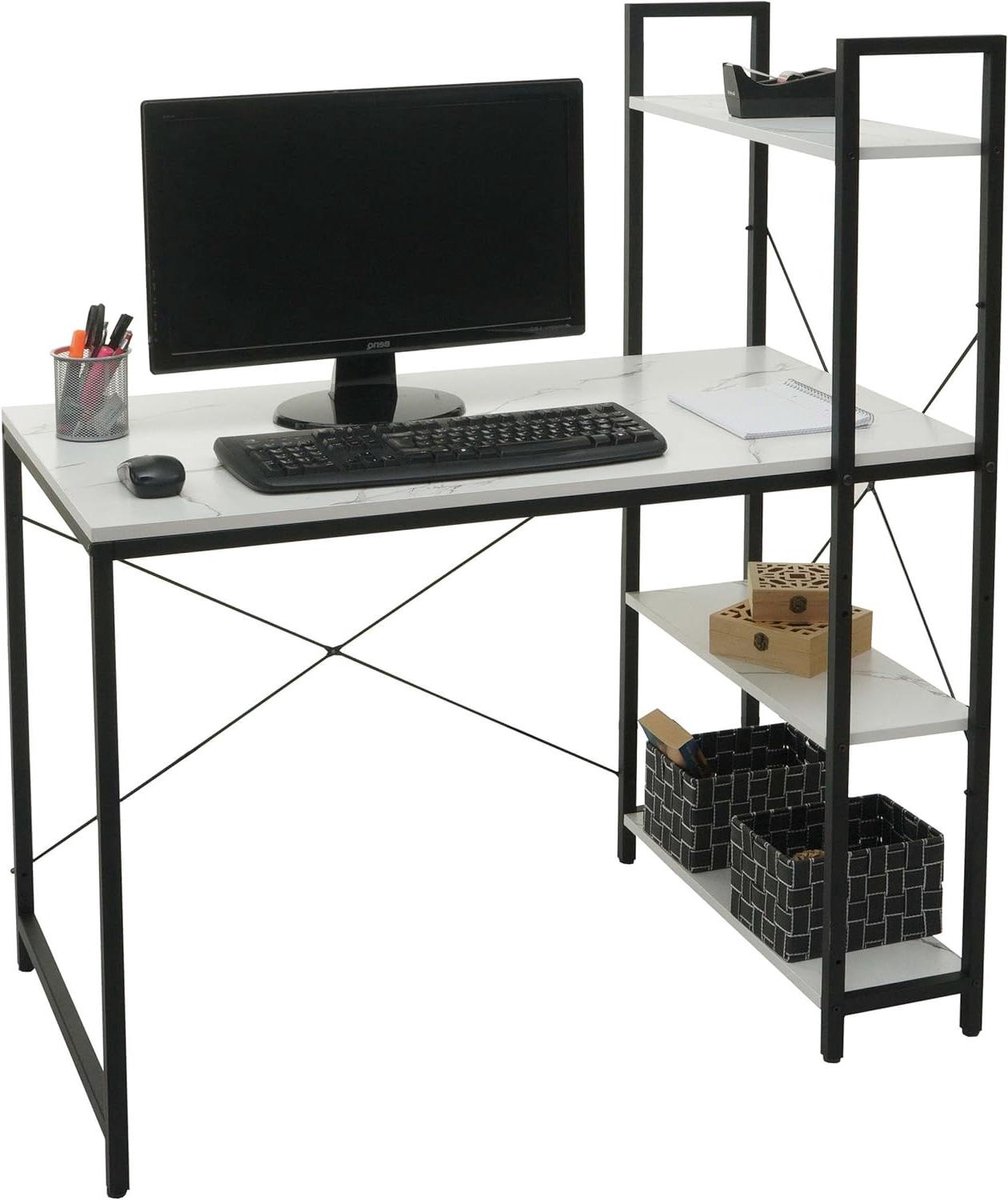Schrijftafel met Regal - Bureau Werktafel - Thuiswerken Organiseren - 4 Legplanken - 100x60x120 cm - Marmerlook Wit