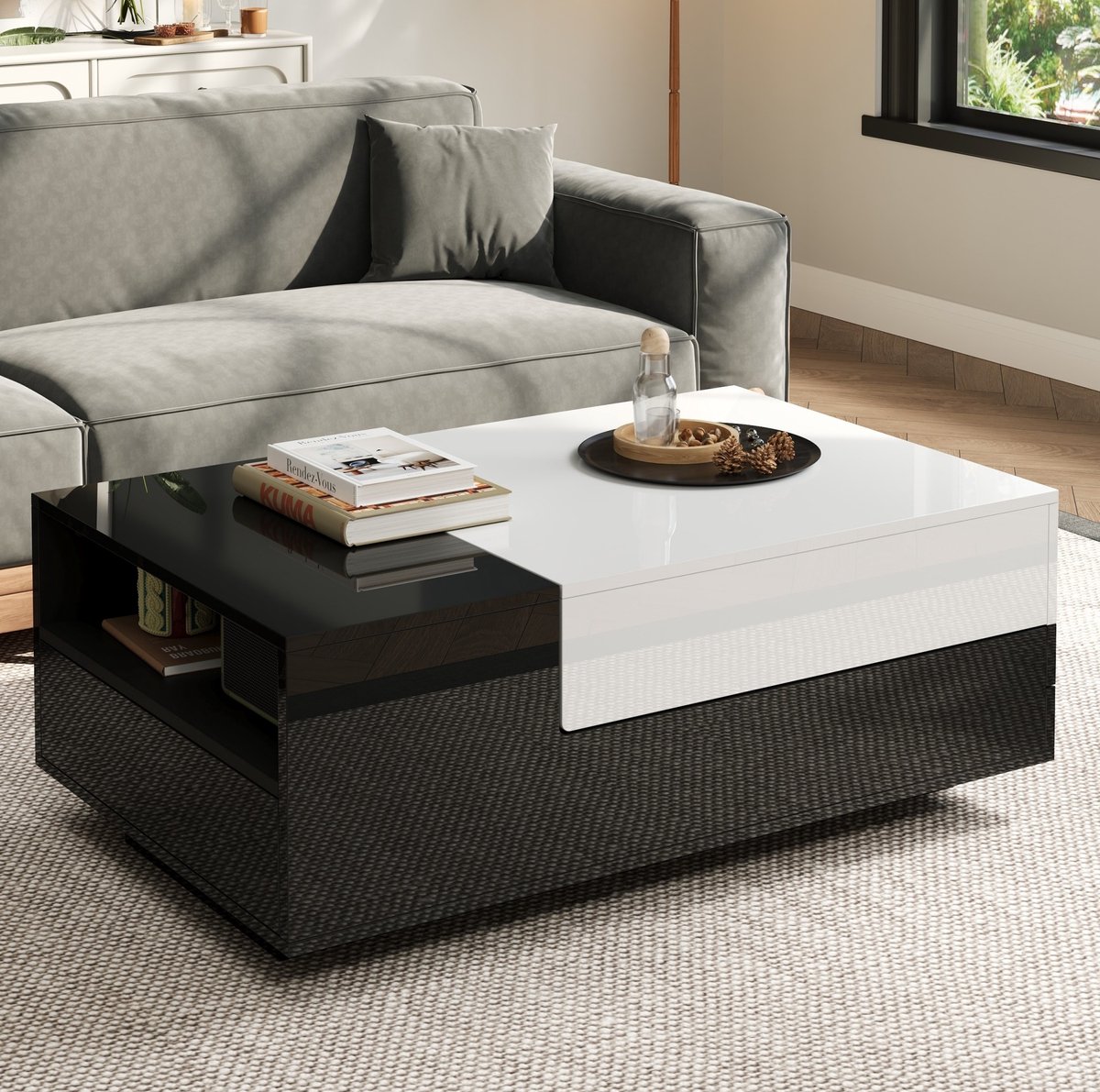 HAUSS SPOLE Salontafel - Hoogglans Met 2 Lades En Opbergruimte - Voor Woonkamer En Bank - Spaanplaat - 100x50x38 Cm - Zwart Wit