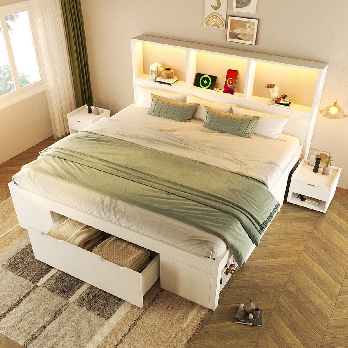 KOMHTOM Bed 140x200 - Wit - Opbergruimte - 2 Nachtkastjes - LED-verlichting - USB Type-C - Tweepersoonsbed - Hout - Lade - Planken - Bedframe - Zonder Matras