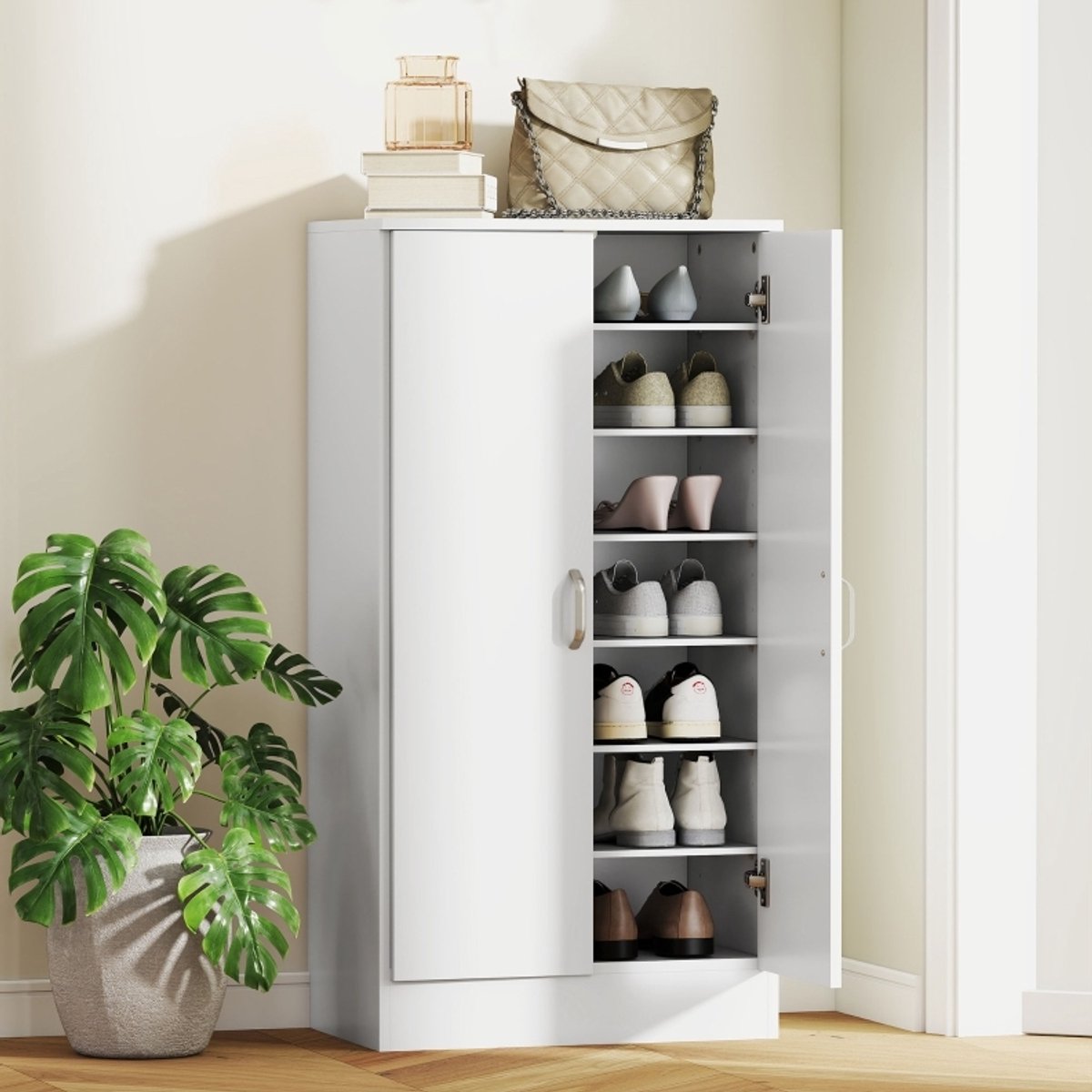 MEUNIQ Schoenenkast 55 x 35 x 108 cm met soft-close scharnieren, 6 verstelbare legplanken, opbergruimte voor 14 paar schoenen, hal of entree, wit