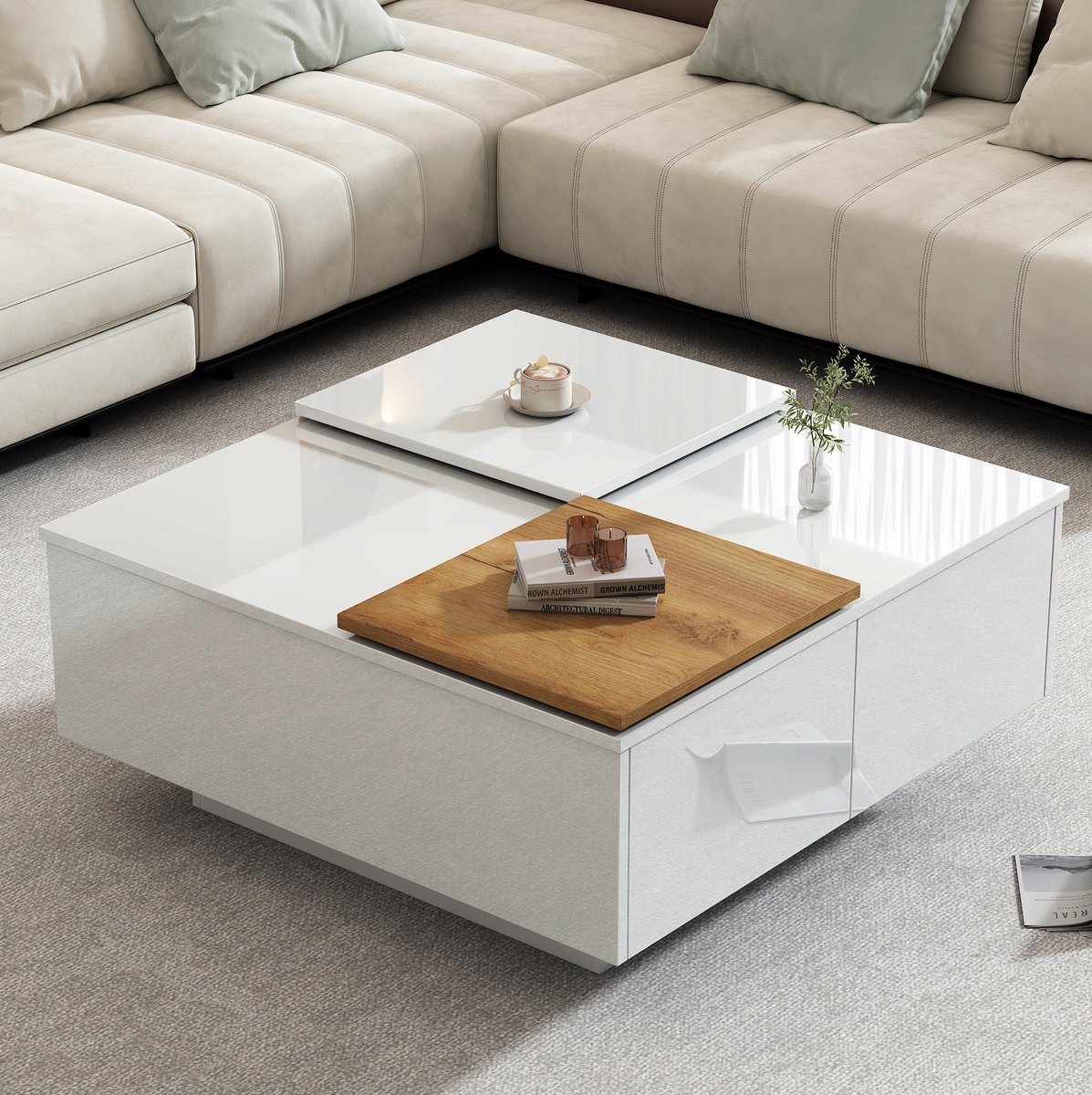 HAUSS SPOLE Salontafel - Hoogglans Wit Met Schuifbladen En 4 Lades - Voor Woonkamer - Spaanplaat - 75x75x33,5 Cm
