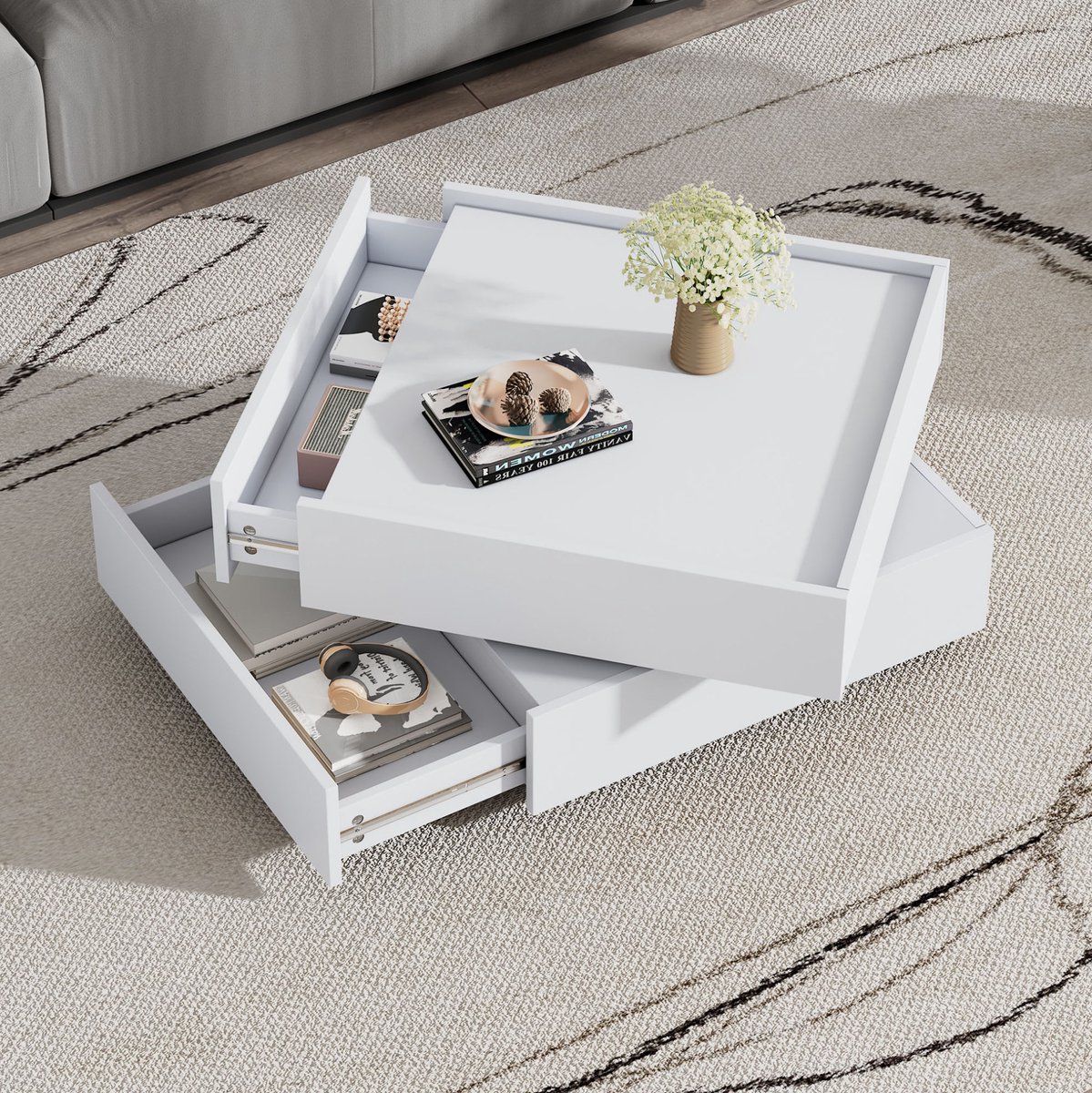HAUSS SPOLE Salontafel - 360 Graden Draaibaar Met 2 Lades En Opbergruimte - Voor Woonkamer En Kantoor - Spaanplaat - 60x60x38 Cm - Wit