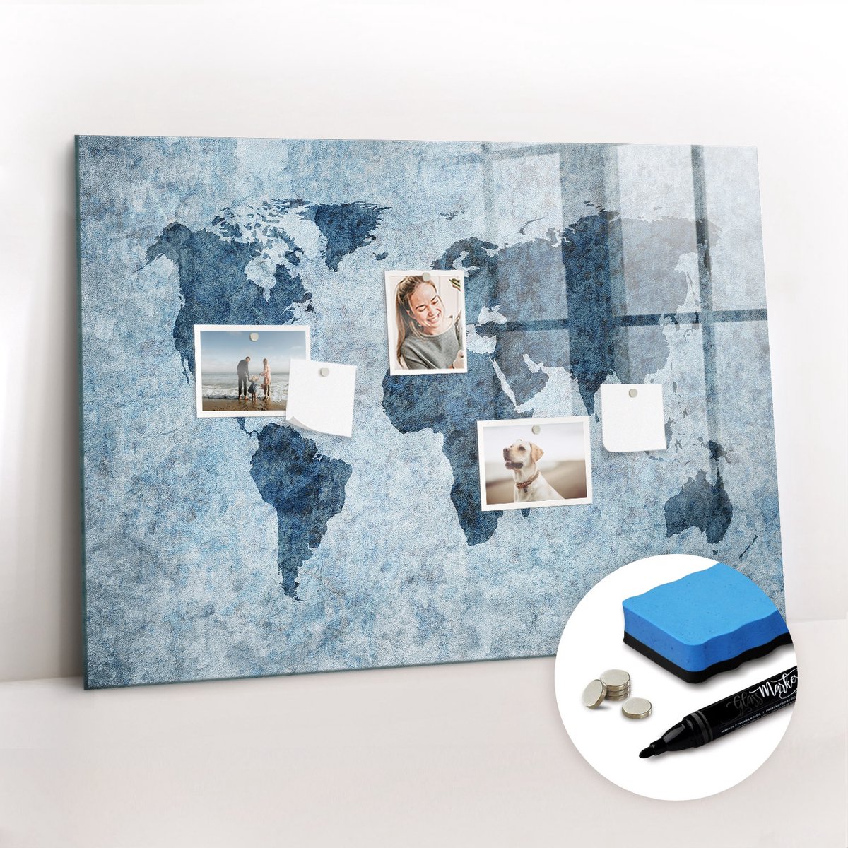 Tulup Whitebord - Geschilderde wereldkaart - 100 x 70 cm - Blauw Magnetisch Bord - Gratis 5 Sterke Magneten + Whiteboard Marker & Wisser - Minimalistisch Prikbord - Foto Magneetbord - Organiseer Je Bureau