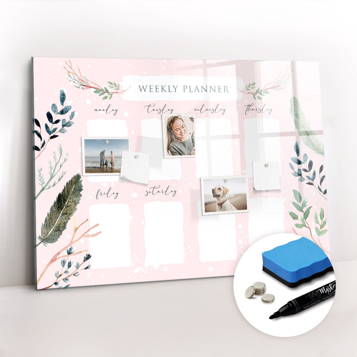 Tulup Whitebord - Een fijne weekplanner - 100 x 70 cm - Roze Magneetborden voor vakantiemagneten - Gratis 5 Sterke Magneten + Whiteboard Marker & Wisser - Design Memobord - Magnetisch Wandbord - Inspiratiebord Kantoor