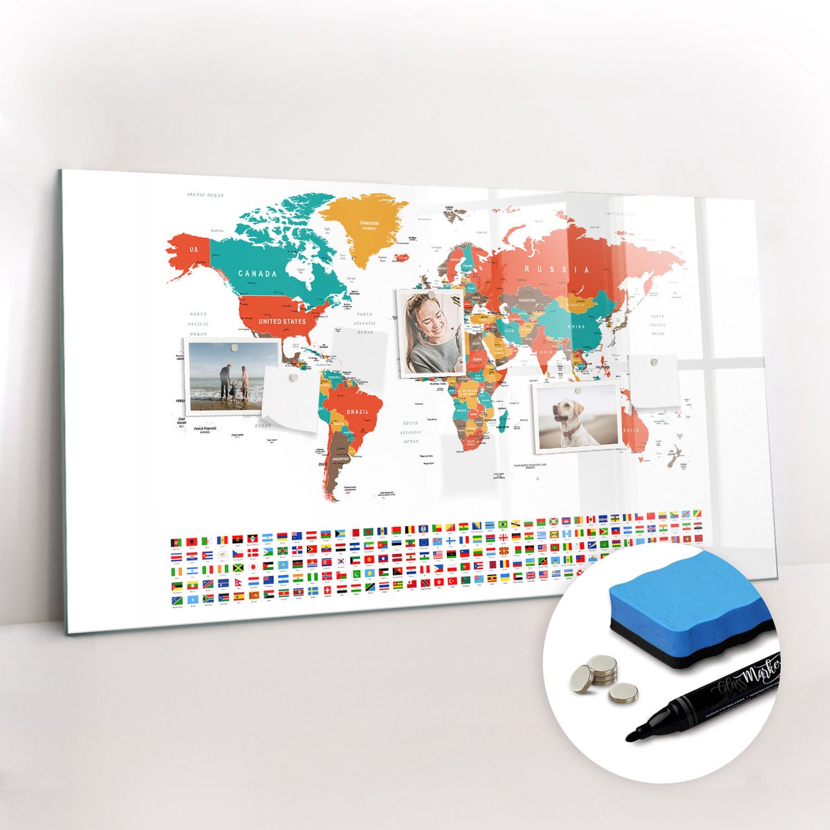 Tulup Whitebord - Kleurrijke wereldkaart - 120 x 60 cm - Veelkleurig Memo Bord - Gratis 5 Sterke Magneten + Whiteboard Marker & Wisser - Minimalistisch Prikbord - Magnet Board - Planning Muur