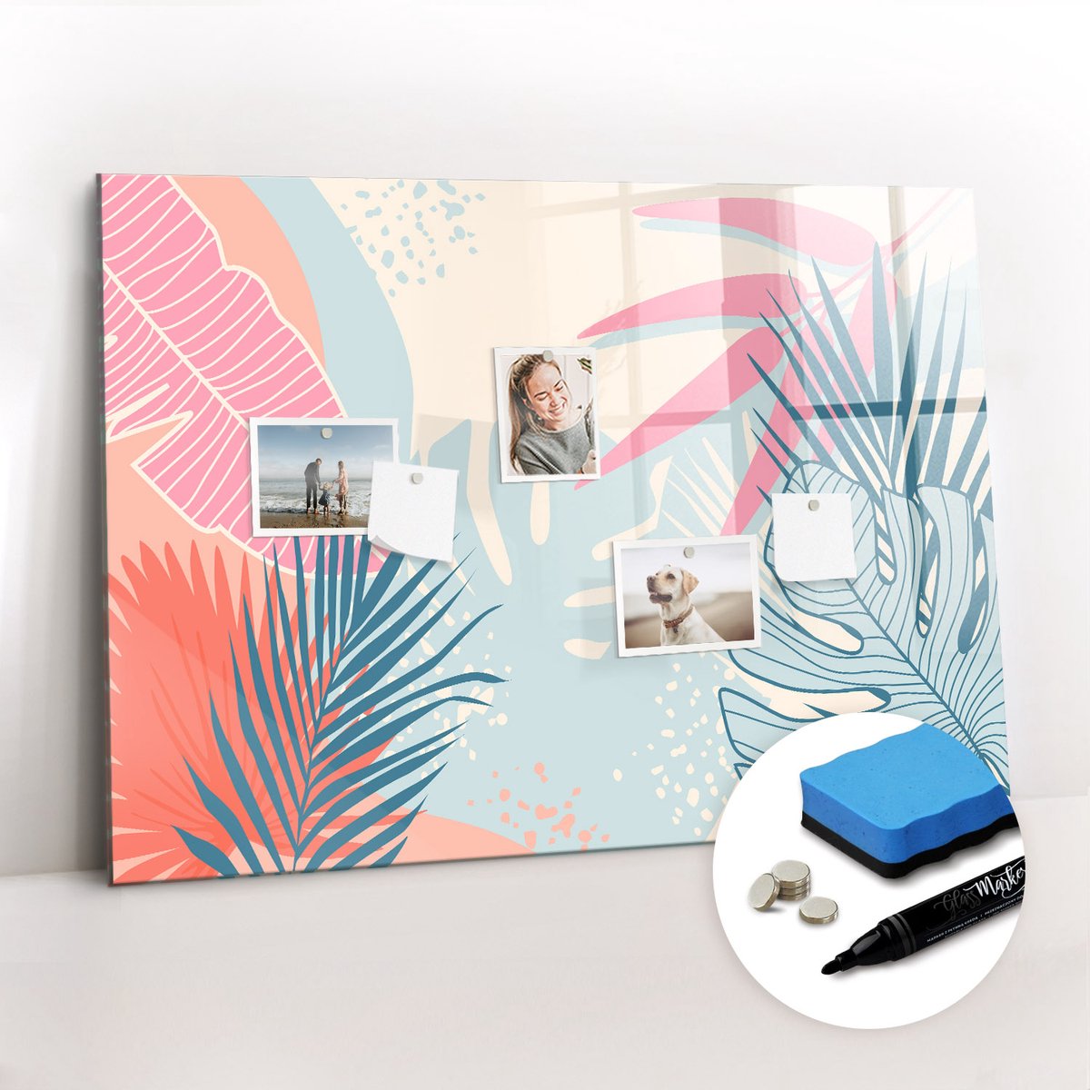Tulup Whitebord - Pastelkleurige bladeren - 100 x 70 cm - Veelkleurig Magneetbord Rechthoekig - Gratis 5 Sterke Magneten + Whiteboard Marker & Wisser - Moderne Wanddecoratie - Memobord Keuken - Planning Muur
