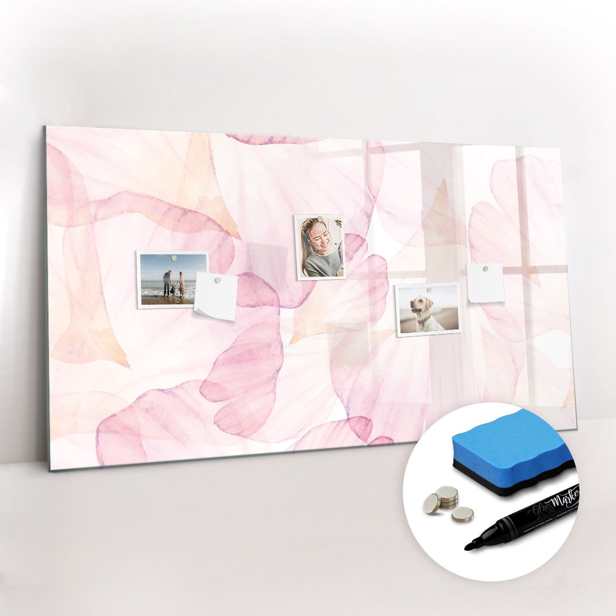 Tulup Whitebord - Aquarel bloemblaadjes - 120 x 60 cm - Roze Magnetic Board - Gratis 5 Sterke Magneten + Whiteboard Marker & Wisser - Minimalistisch Prikbord - Magnetisch Bord Kind - Planning Muur