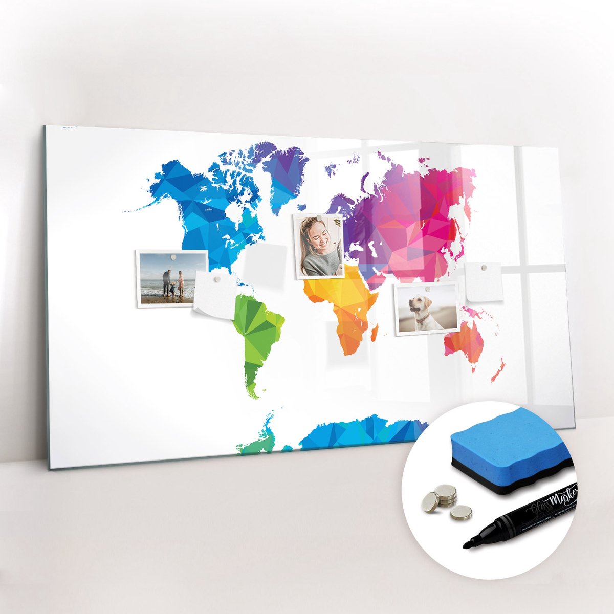 Tulup Whitebord - Abstracte wereldkaart - 120 x 60 cm - Veelkleurig Magneetbord Foto - Gratis 5 Sterke Magneten + Whiteboard Marker & Wisser - Wanddecoratie Kantoor - Memobord Magnetisch - Inspiratiebord Kantoor