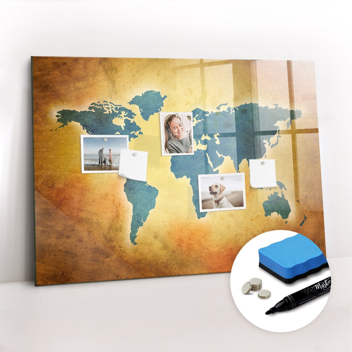 Tulup Whitebord - Historische wereldkaart - 100 x 70 cm - Veelkleurig Magnetisch Bord Kind - Gratis 5 Sterke Magneten + Whiteboard Marker & Wisser - Scandinavisch Design Bord - Memobord Glas - Notitiebord Werkplek