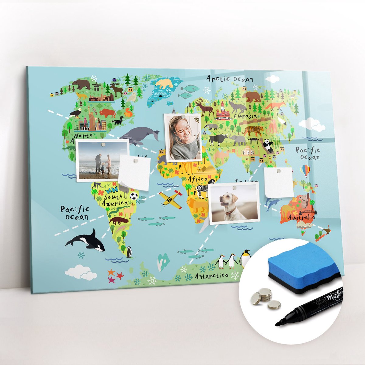 Tulup Whitebord - Geïllustreerde wereldkaart - 90 x 60 cm - Veelkleurig Magnetisch Wandbord - Gratis 5 Sterke Magneten + Whiteboard Marker & Wisser - Wanddecoratie Kantoor - Magneetbord Rechthoekig - Inspiratiebord Kantoor