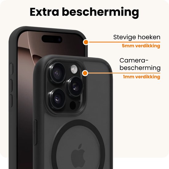 Zwarte telefoonhoes met verhoogde randen ter bescherming van hoeken en camera's.