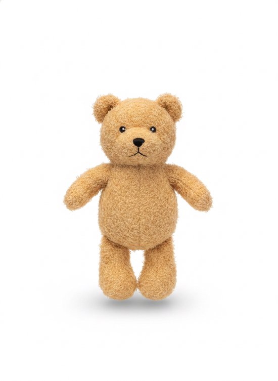 Een zachte, bruine teddybeer met zwarte oogjes en neus, staand met de pootjes naast het lichaam.