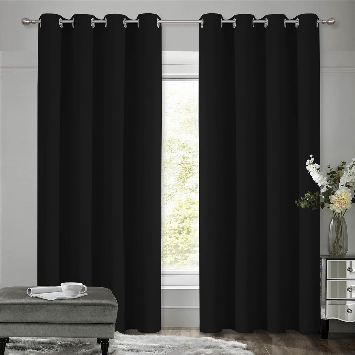 gordijnen met ringen, voor de woonkamer, 183 cm hoog, thermische gordijnen, ondoorzichtig, dik thermogordijn, koudebescherming, warm, 183 x 117 cm (h x b), zwart, set