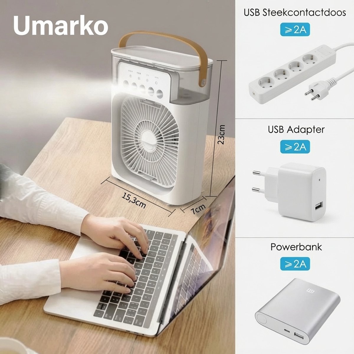 Umarko Mini Airco - Draagbare 3-in-1 Luchtkoeler met Bevochtiger & 7 Kleuren LED Lamp - Slaapkamer & Kantoor — afbeelding 4