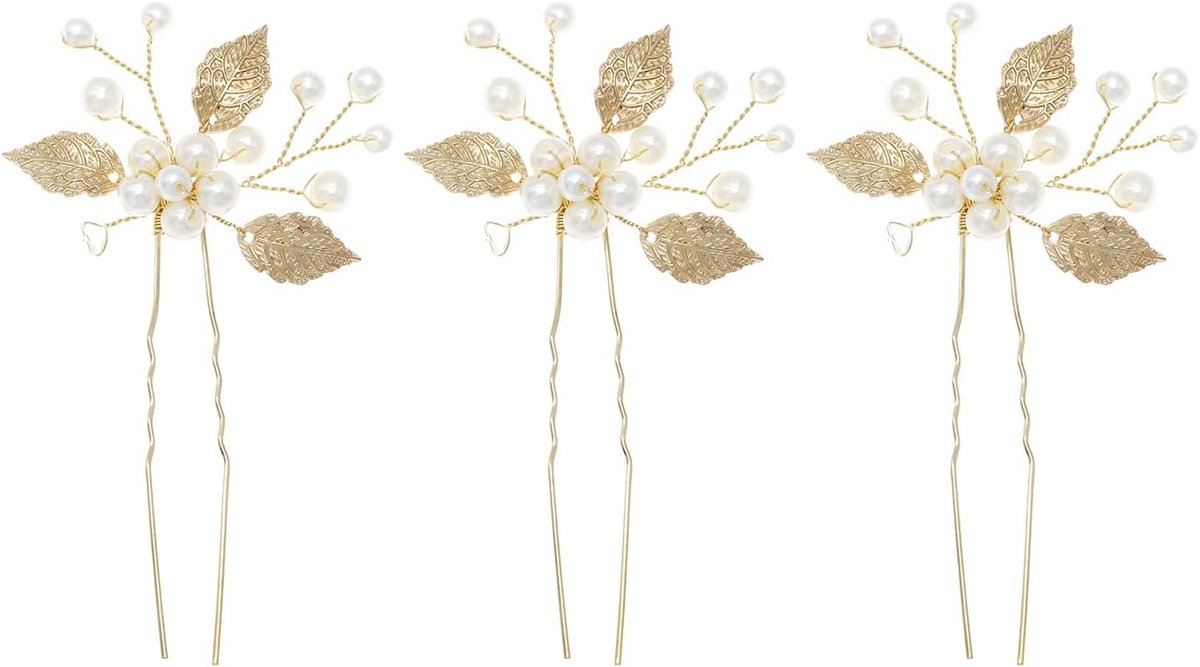 3 stuks haaraccessoires bruiloft goud voor bruid, parels, bloem, bruid, haarspelden, roestvrijstalen haarspeld met 3D-bloemendesign, gouden bladeren, U-vormig hoofdsieraad voor dames