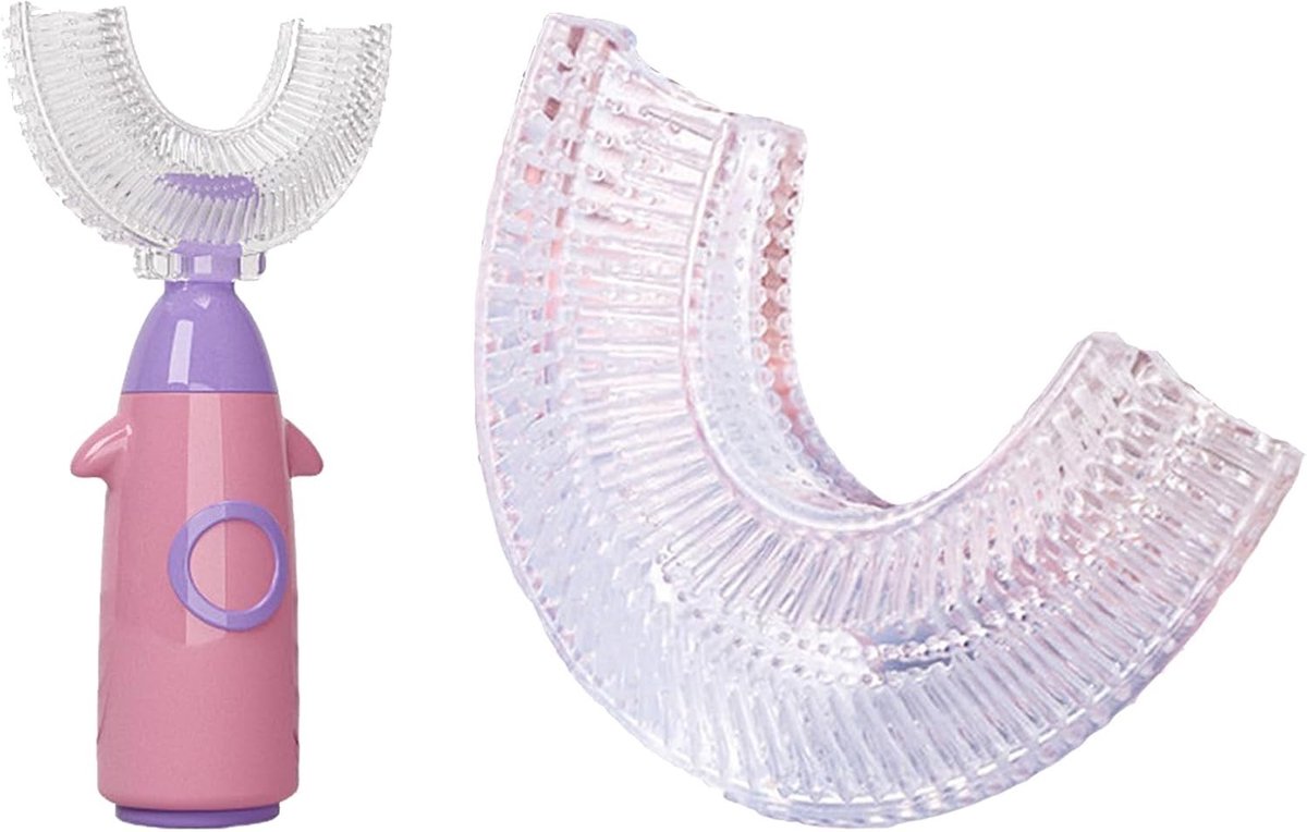U-vormige tandenborstel voor kinderen, 2-pack (1 standaard + 1 vervangbaar), 360 graden borstel voor volledige mondreiniging en tandvleesmassage (roze, 1-8 jaar)