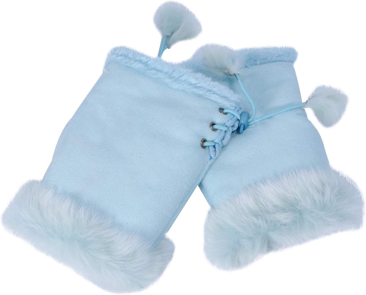 Warme wanten voor dames, met imitatiebont, vingerloze wanten, blauw, Eén maat