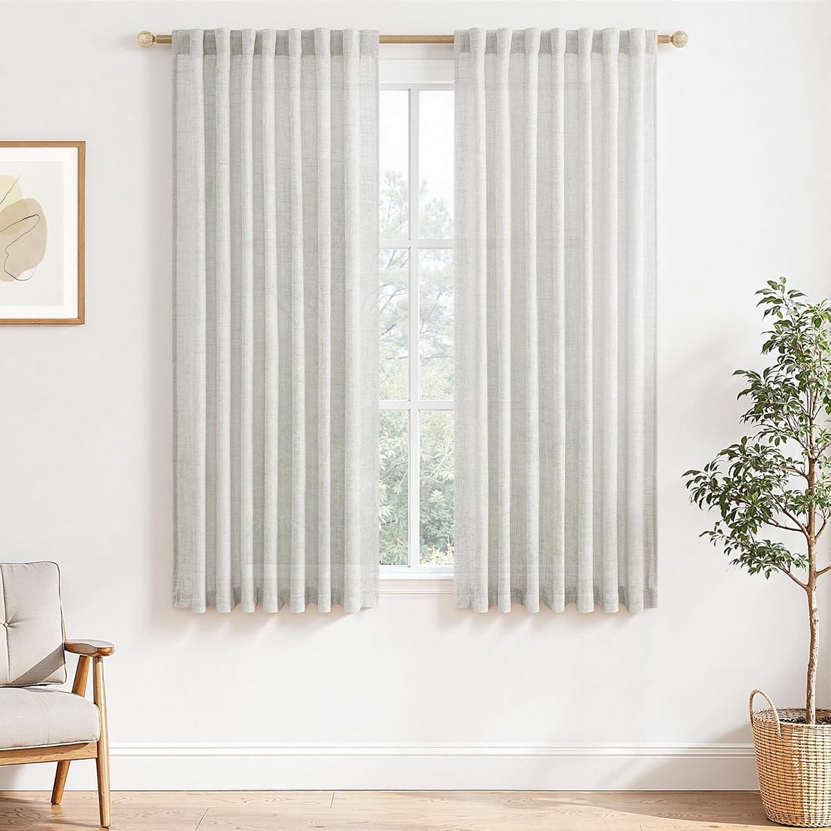Linnen gordijnen, kort, raam, keuken, landhuisstijl, gordijngordijnen, set van 2, H 145 x B 140 cm, boho, gordijn, linnenlook, half-transparant, voor woonkamer, slaapkamer, ivoorwit