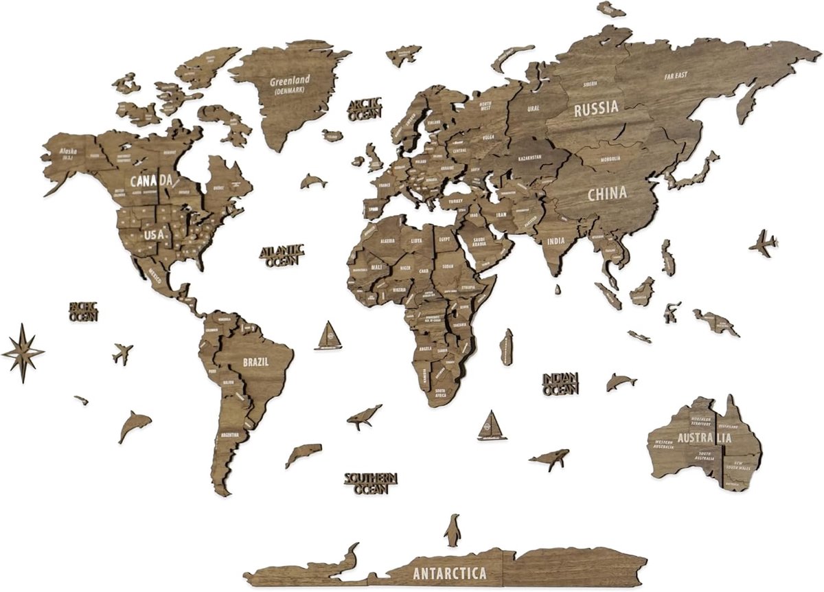 Worlds Art mural 3D en bois - Art mural de voyage multicouche avec États et capitales - Décoration murale pour nouvelle maison, bureau, cadeau d’anniversaire (M, Vega)