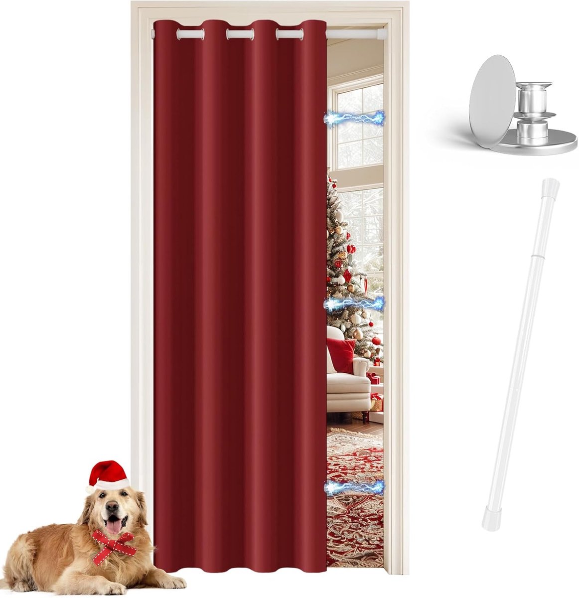 Deurgordijn voor binnendeur met stang, verduisteringsgordijn voor woonkamer/slaapkamer/keuken, 1 stuk, 132 x 210 cm, scheidingsgordijn voor binnen, rood gordijn Kerstmis + witte stang