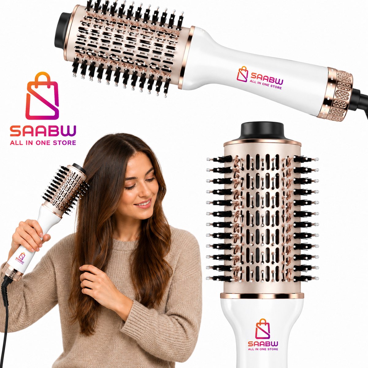 Föhnborstel 3-in-1 met Ionische Technologie 1000W – Heteluchtborstel voor Drogen, Stylen, Gladmaken en Volume – Ronde Stylingborstel met 4 Standen voor Krullend, Golvend en Steil Haar – Wit – 82516
