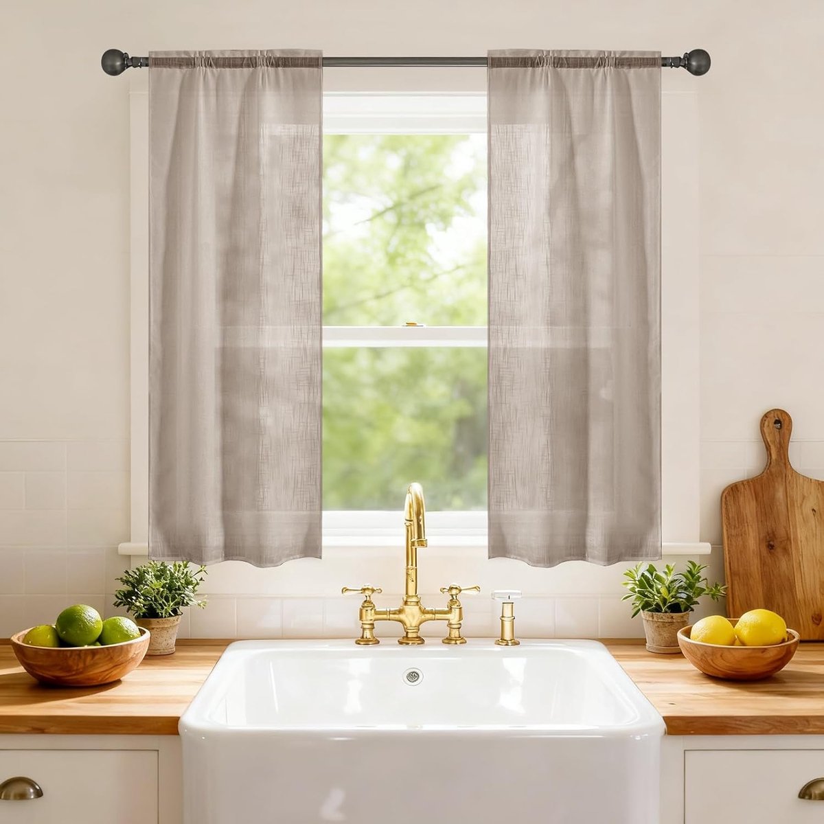Voile Gordijnen In Linnenlook Set Van 2, 70x240 CM, Vitragegordijnen Met Stoktunnel, Binnengordijnen Doorschijnend Voor Keuken Slaapkamer Woonkamer Raamgordijnen Transparante, Camel
