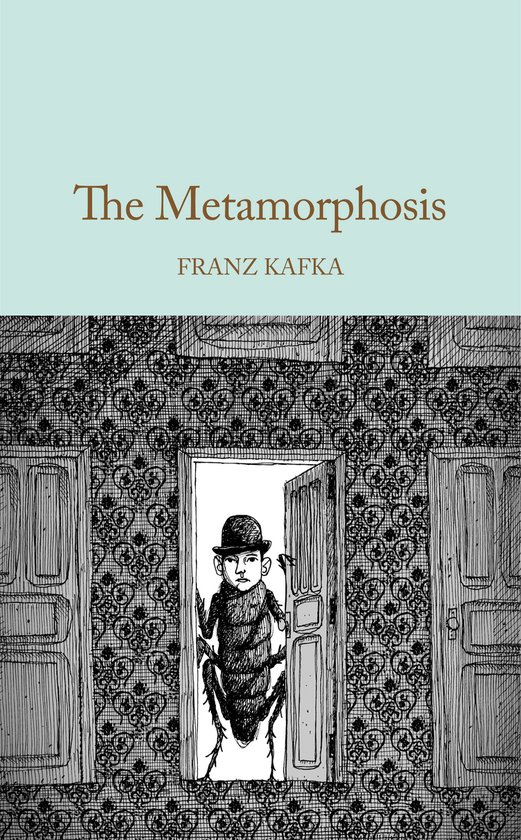La couverture de 'La Métamorphose' de Franz Kafka. Un insect avec un chapeau se tient dans une embrasure de porte.