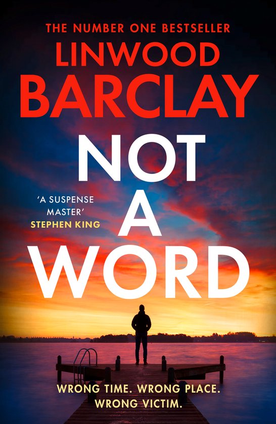 Boekcover met de titel 'Not A Word' door Linwood Barclay. Een man staat op een steiger bij zonsondergang.