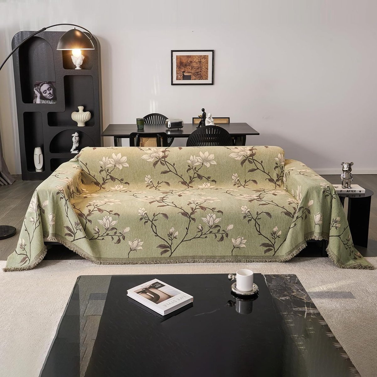 Sofa Gooit Magnolia Patroon Sofa Gooi Deken met Kwasten Ademend Veelzijdige Plaids voor Banken Grote Plaids voor Slaapbank en Woonkamer 180 x 480 cm-Matcha Groen