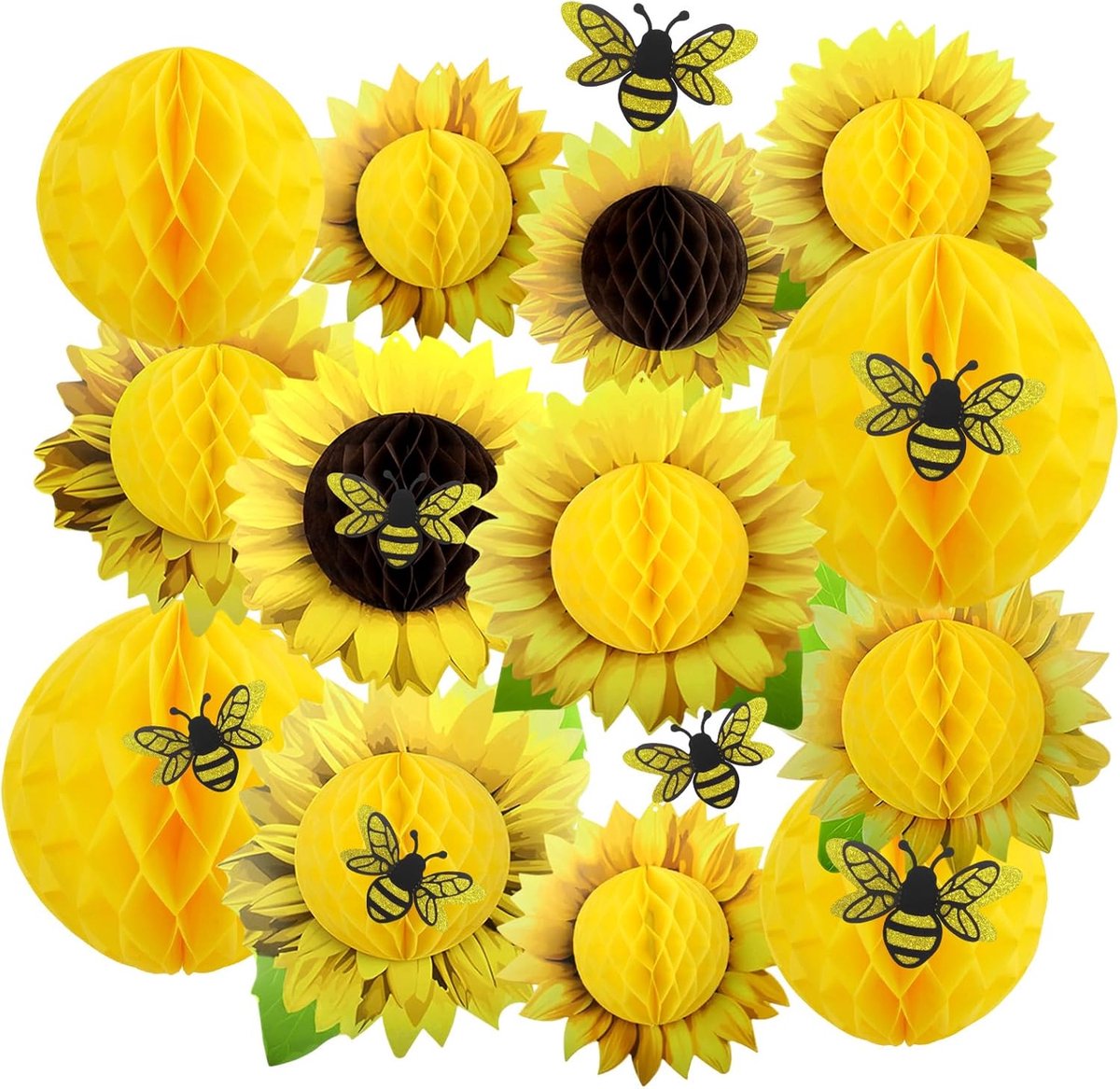 12 stuks zonnebloem bloemen crêpepapier om op te hangen pompons | 12 stickers in de vorm van bijen van papier voor verjaardag, bruiloft, babyshower, Fiardino