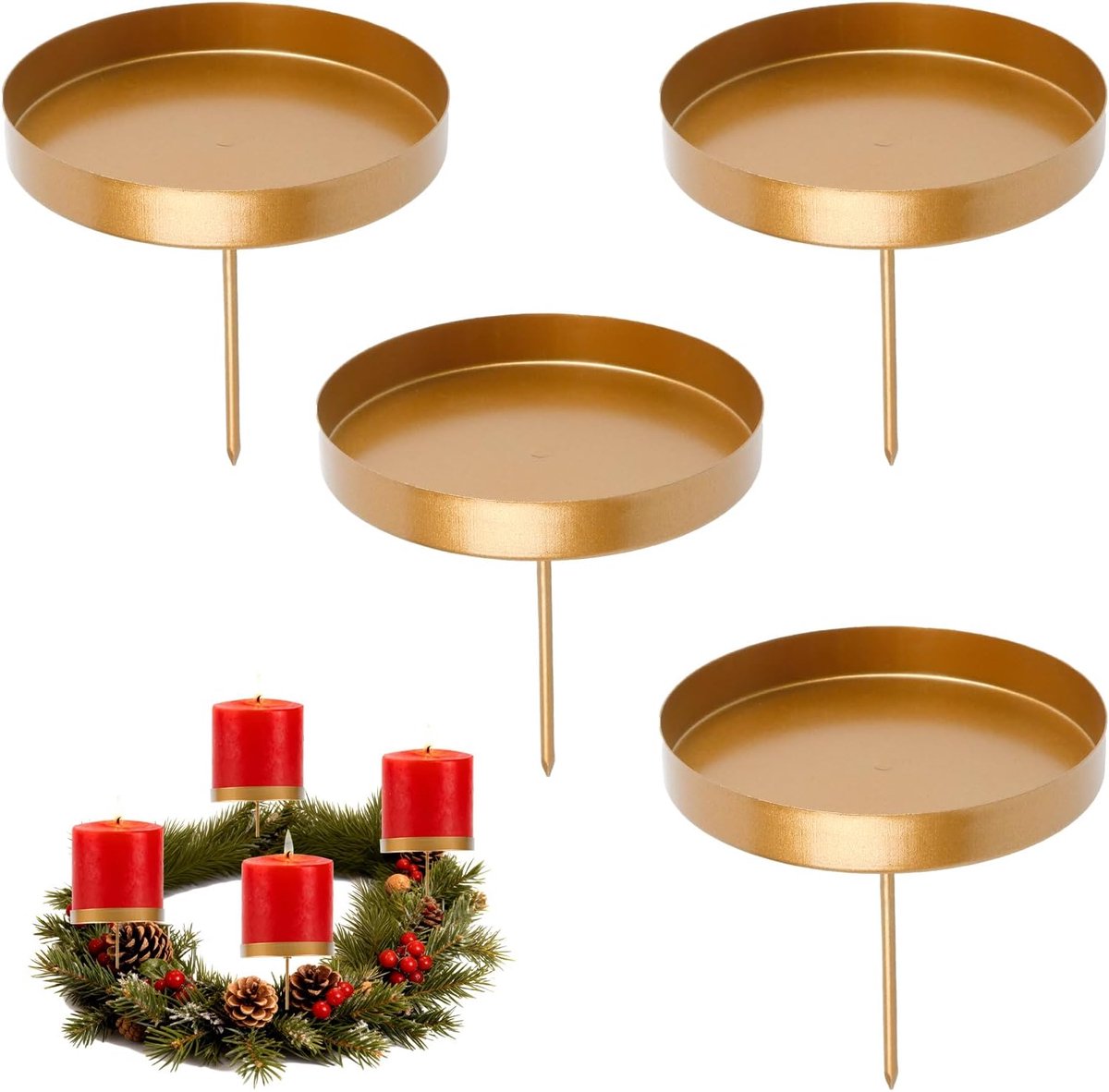 Kaarsenhouder, adventskrans, goud, set van 4, adventskandelaar, metaal, 8 cm, staafkaarsenhouder en kaarsenbord, advent, kandelaar, rond, kaarshouder voor krans en led-kaarsen