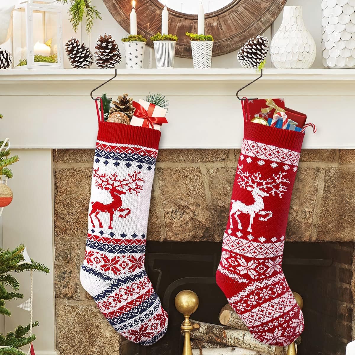 Set van 2 kerstsokken, gebreide kerstkousen voor volwassenen en kinderen, grote kerstsokken, personaliseerbaar, om op te hangen, cadeautas, dennenboom, voor decoratie van kersthaard, boom, 2