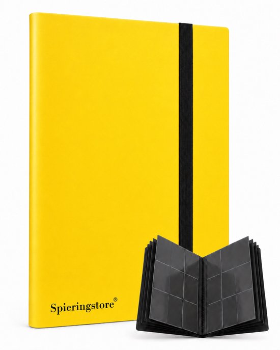 Gele verzamelmap van Spieringstore met zwarte elastiek, naast een open portfolio met grijze insteekhoezen.