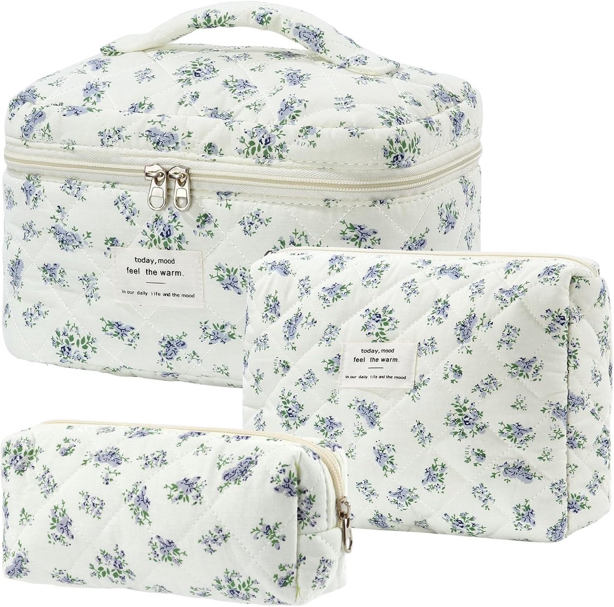 3-delige make-upset voor dames, bloemenpatroon, zacht katoen, multifunctionele organizer voor cosmetica en accessoires, Blue Morning Glory, 25 × 16 × 16 cm, Rustieke, versnipperde bloem