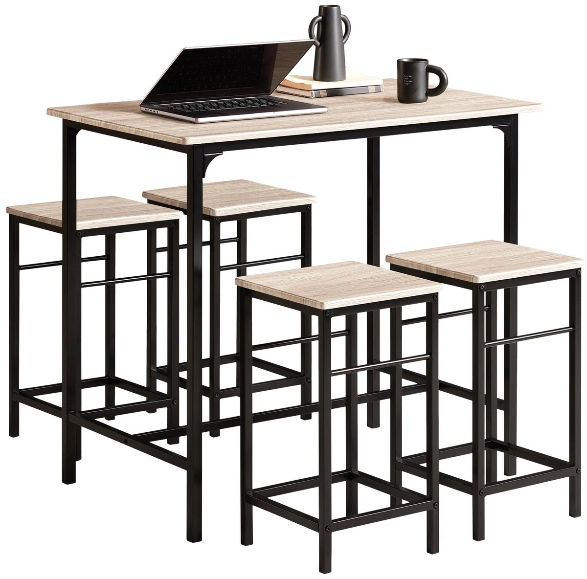 Sello! bartafel met barkruk – 4 barkrukken – keuken – ruimtebesparend – B100 x H87 x D60cm – metalen frame – zwart – houtlook