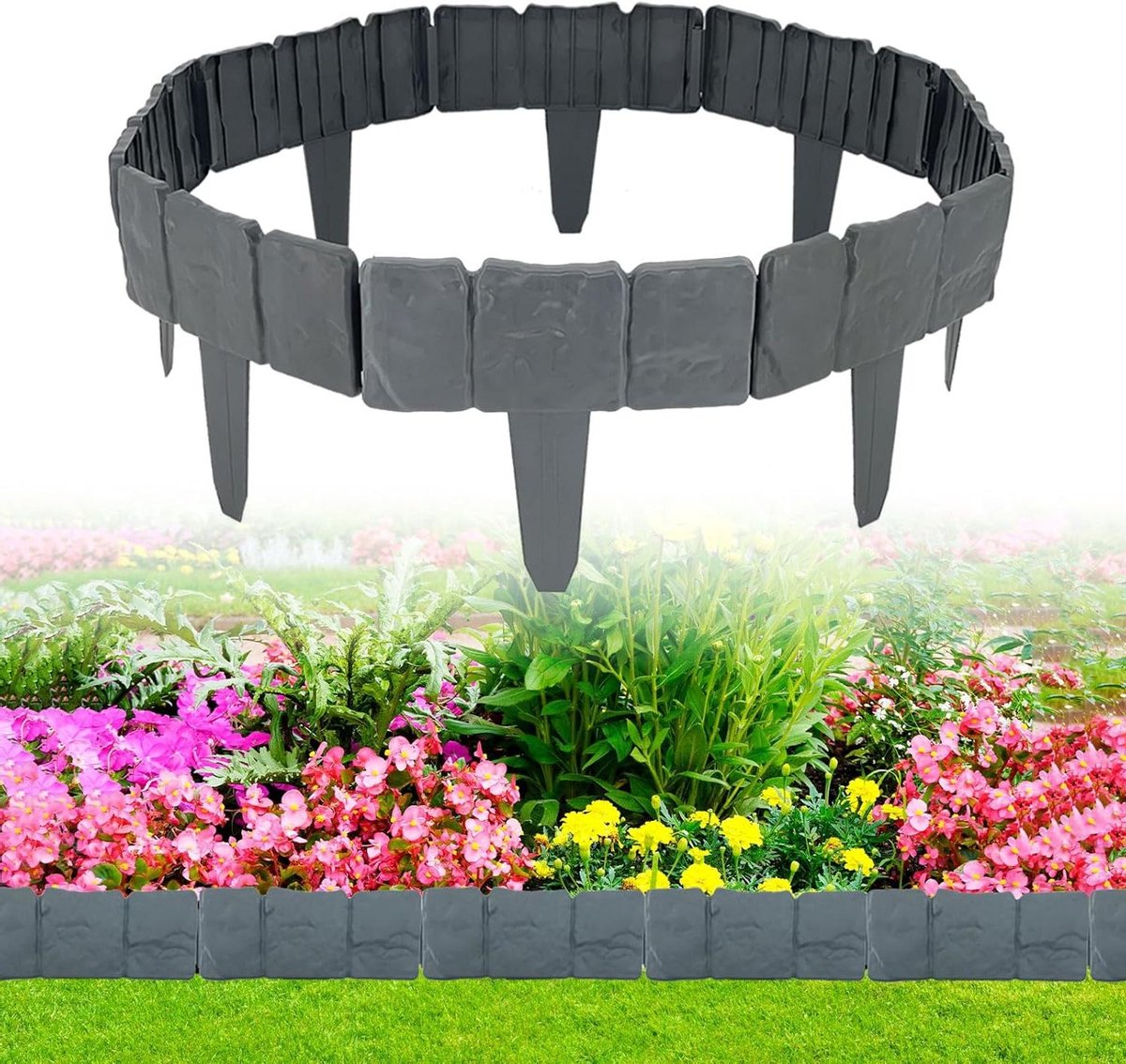 Gazonranden Kunststof - Tuinrand Steenlook - Perken Afscheiden - Flexibel Steenpatroon - 25 meter - Grijs