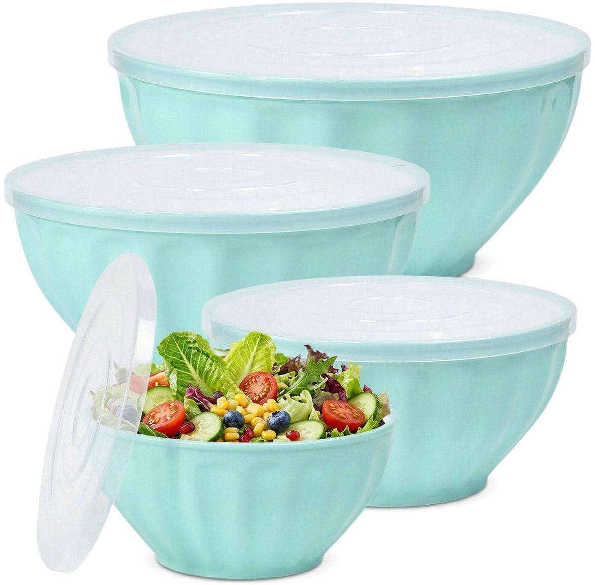 Saladekommenset met deksel, 4-delig (1,5 l/2,5 l/3,5 l/5,5 l), van kunststof kom met deksel, grote stapelbare deegkom, mengkom voor het opbergen van plastic kommen