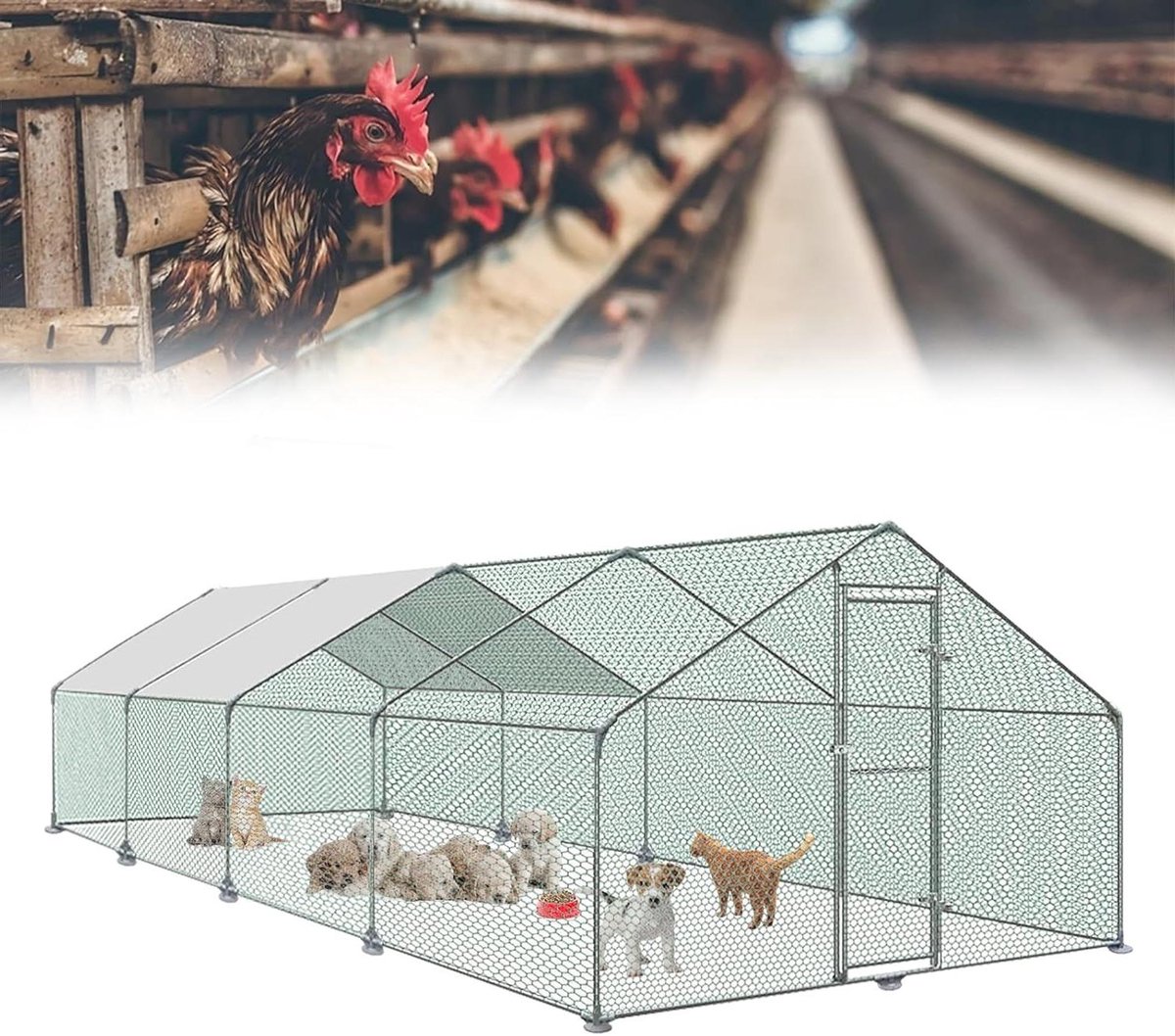 Dierenverblijf - Kippenhok Buiten - Veilige Huisvesting - Roestbestendig Frame - 3 x 8 x 2 m - Grijs