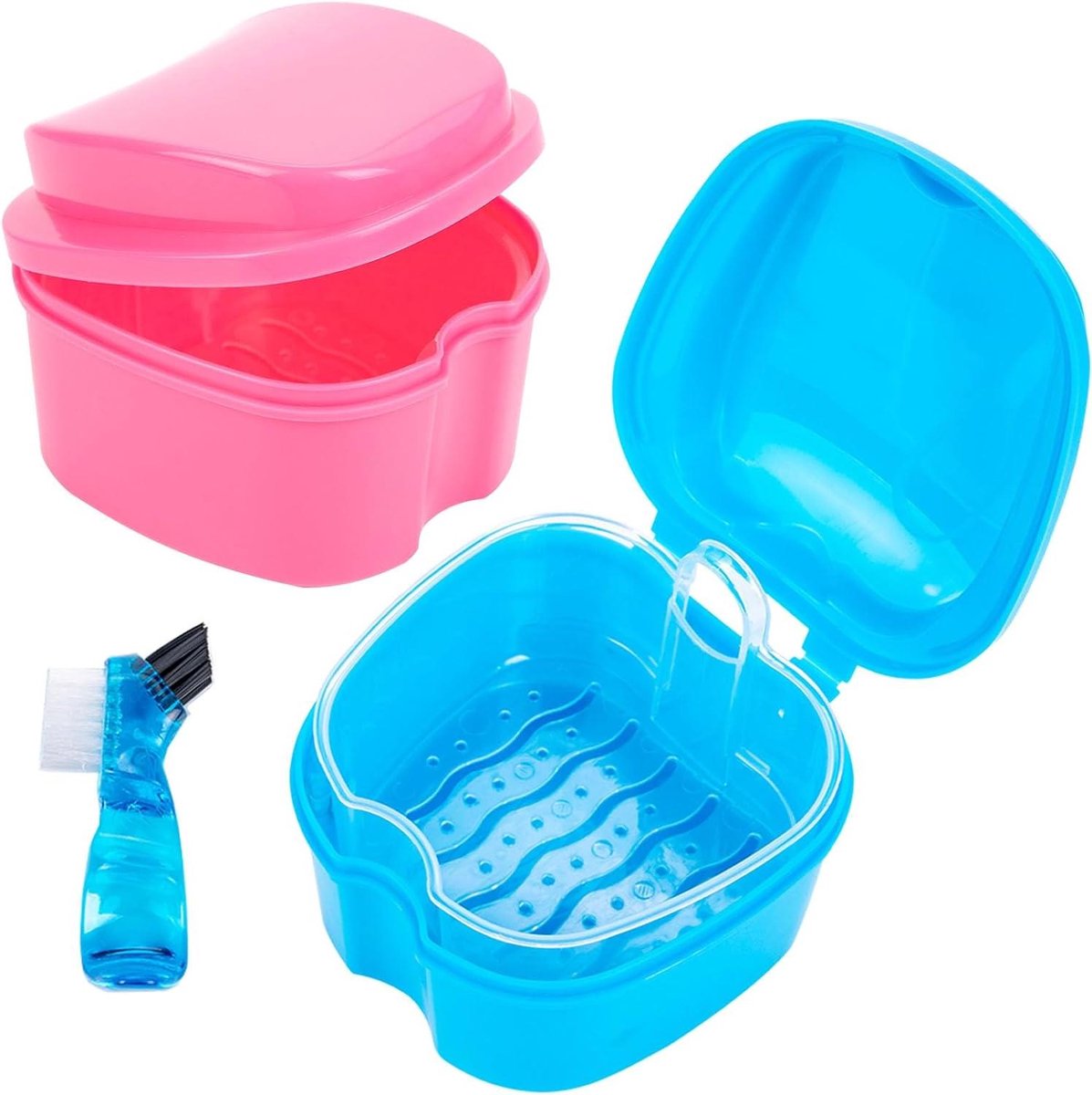 Prothese Opbergdoos - Beugelhouder - Veilig Opbergen - Met Afdruipbak - 2 Stuks - Blauw Roze