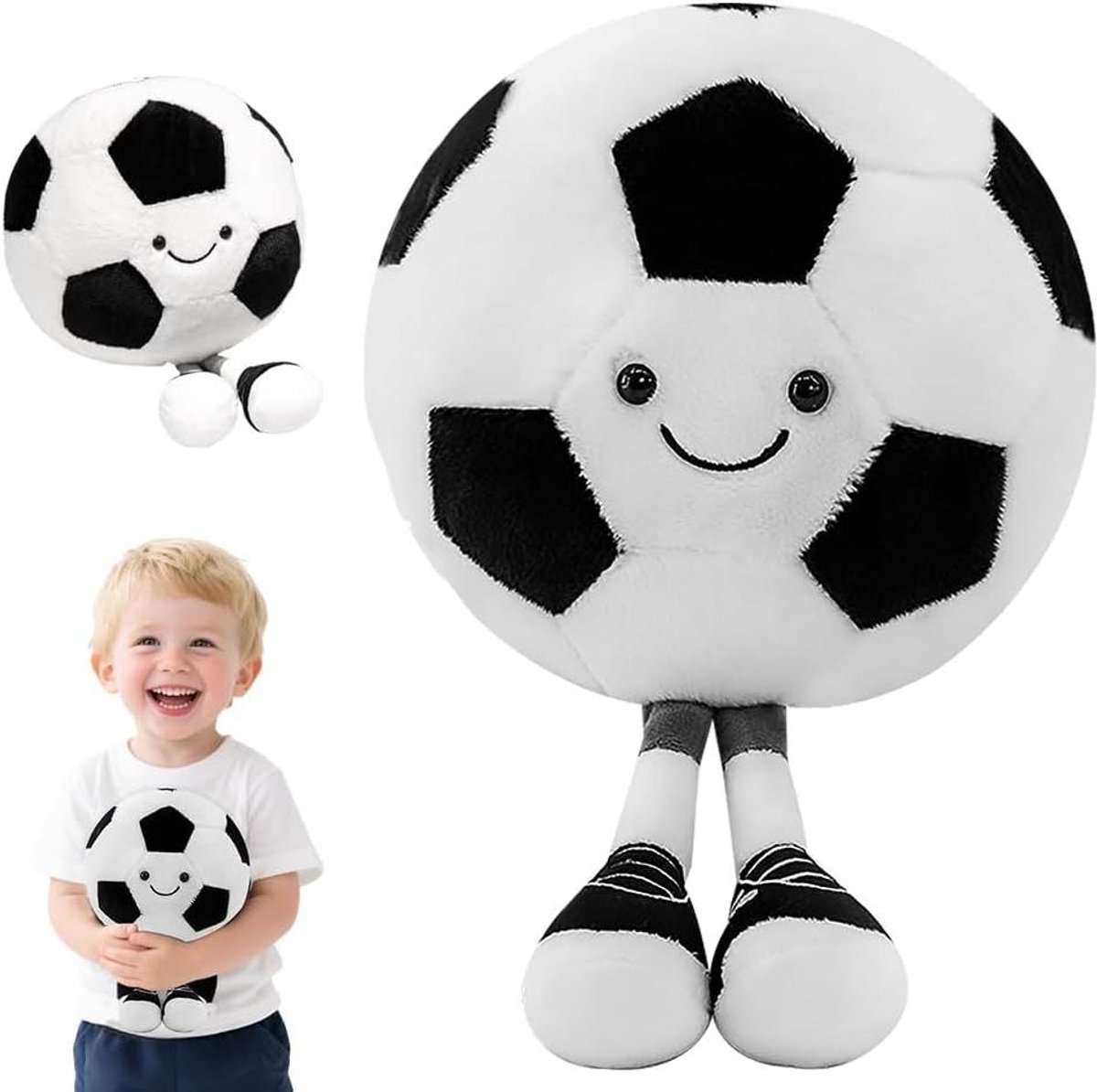 Voetbalknuffel - Pluche voetbal kussen - Decoratie en knuffelen - Met smiley gezicht - 25 cm - Zwart en wit