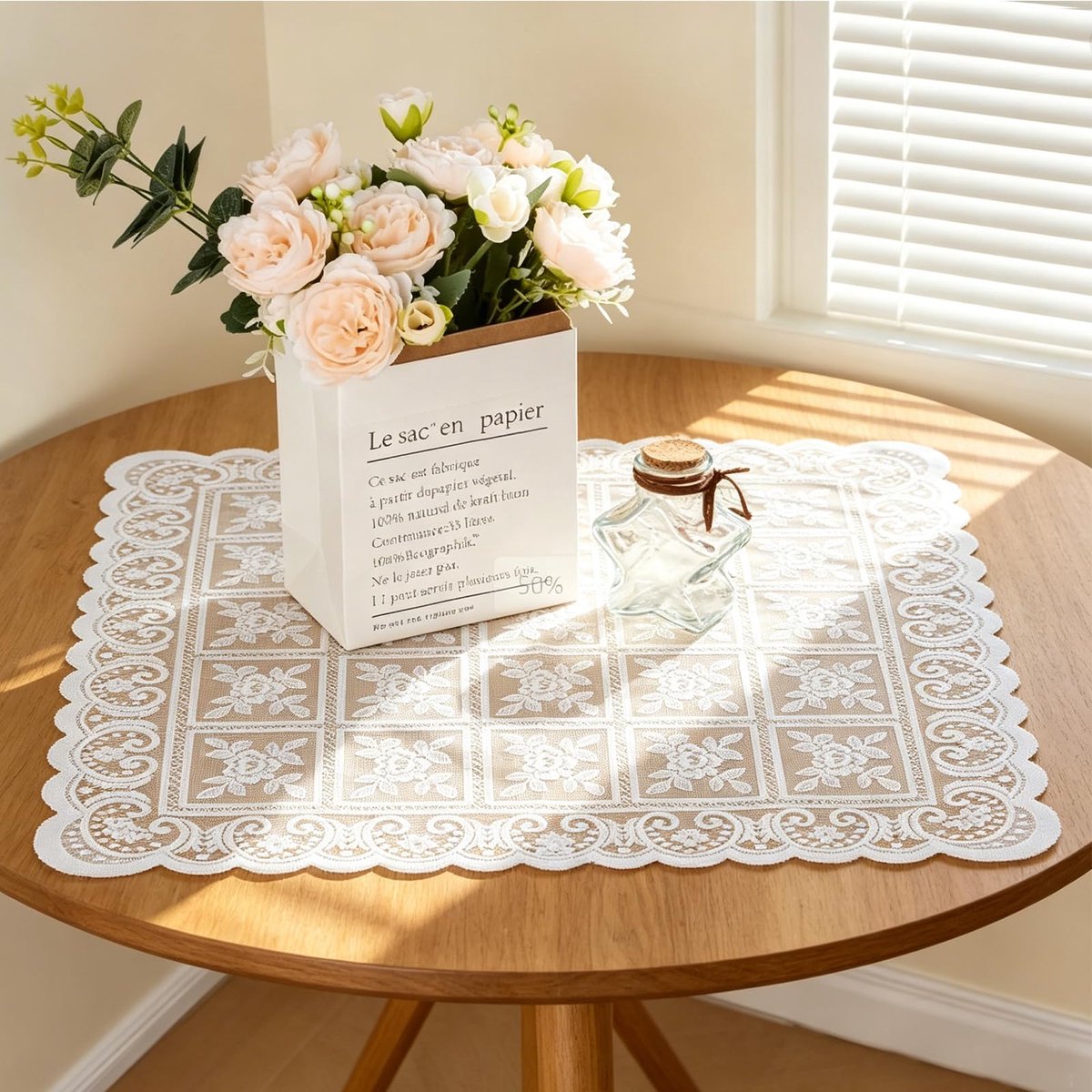 23,6 inch Kant Ronde Doily, Wit Bloemen Kant Tafelkleed Topper Cover Borduurwerk Trim Placemats Rustiek voor Keuken Thuis Eetdecoratie