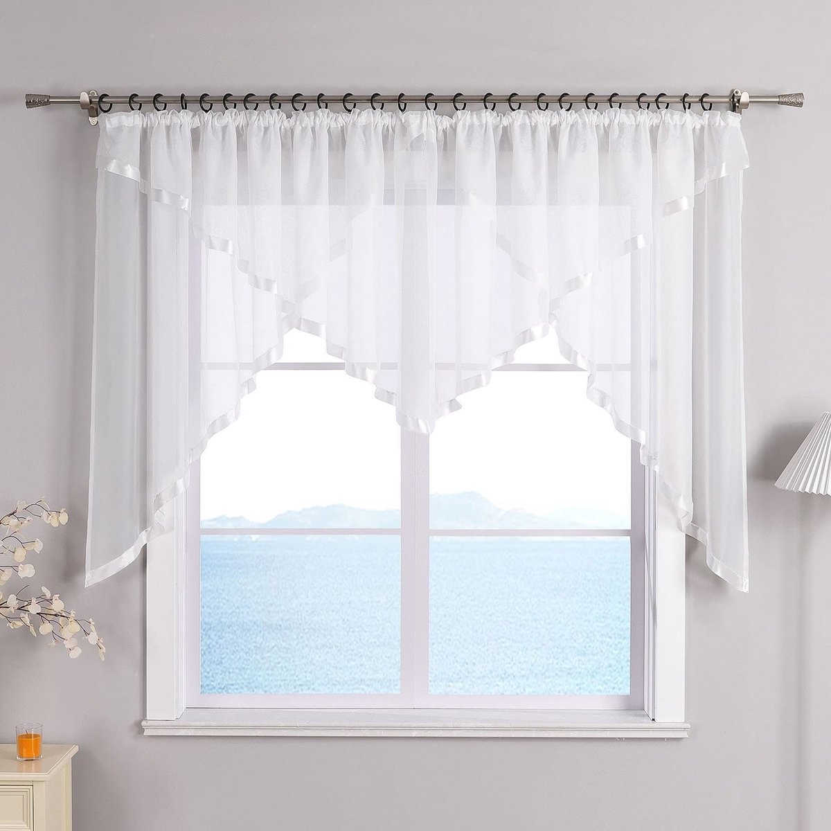 Vitrage met plooiband, gordijnen, keuken, bistrogordijnen, transparant, met satijnen band, voile, wit H x B 120 x 450 cm, 1 stuk