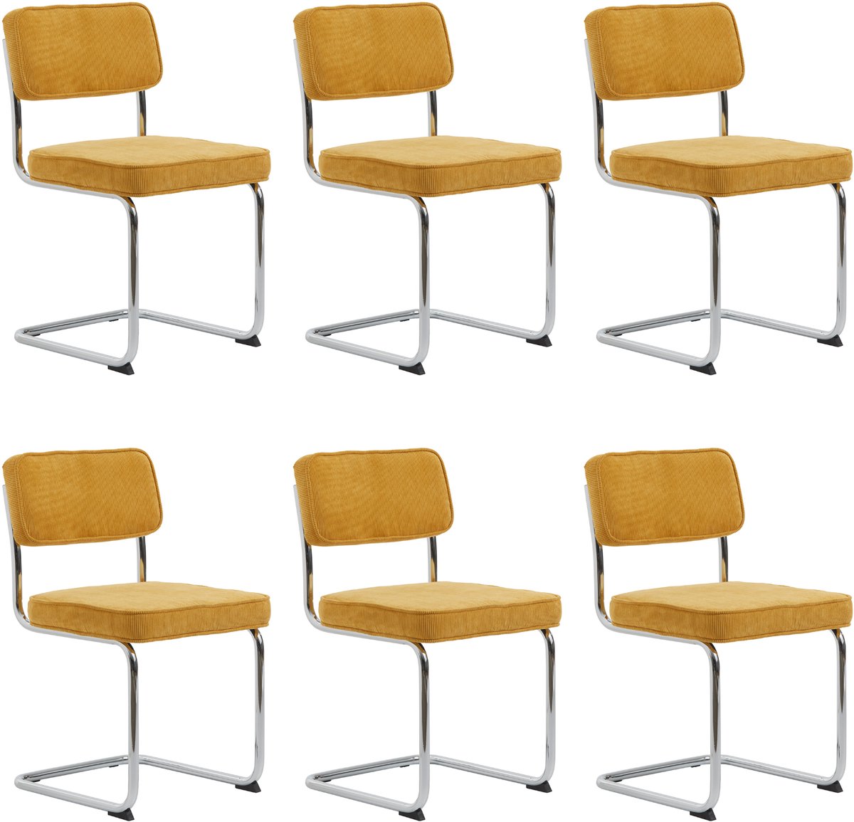 LevaLeva Rupert eetkamerstoel​ set van 6- rib stof - ​geel - buisframe - chro​om