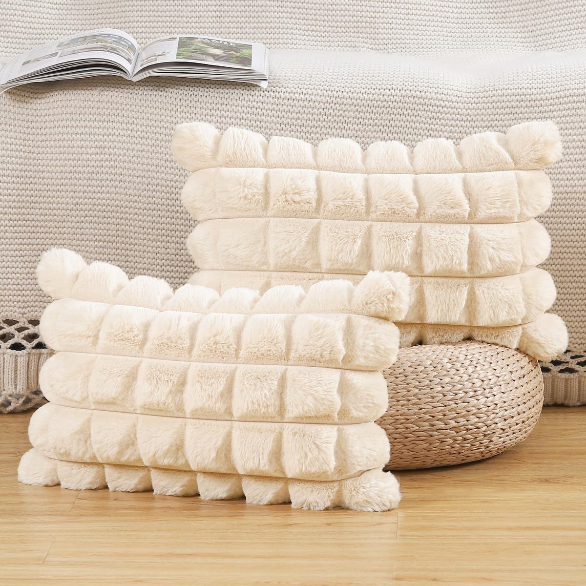 Set van 2 Pluche Faux Wol decoratieve kussenslopen zachte decoratieve kussenhoes voor bank slaapkamer kussensloop 30x50 cm Beige
