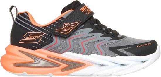 Zwarte, grijze en oranje Skechers FLEX-GLOW ULTRA sneaker met rode zigzaglijnen en lichtjes.