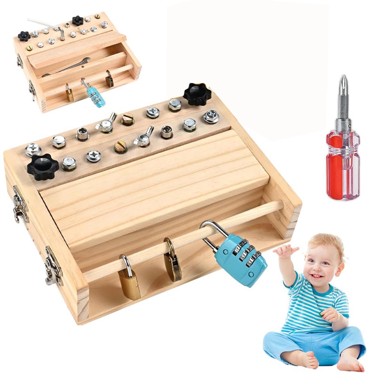 Montessori speelgoed - Houten schroefbord - voor kinderen van 3, 4 en 5 jaar, speelgoed voor de motoriek, houten schroevendraaierbord met sleutel en slot, speelgoedcadeau voor meisjes en jongens