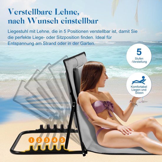 Strandstoel - Zonnebed Tuinstoel - Ontspannen buiten - 5-traps verstelbaar - 145x47x40 cm - Lichtgrijs — afbeelding 5