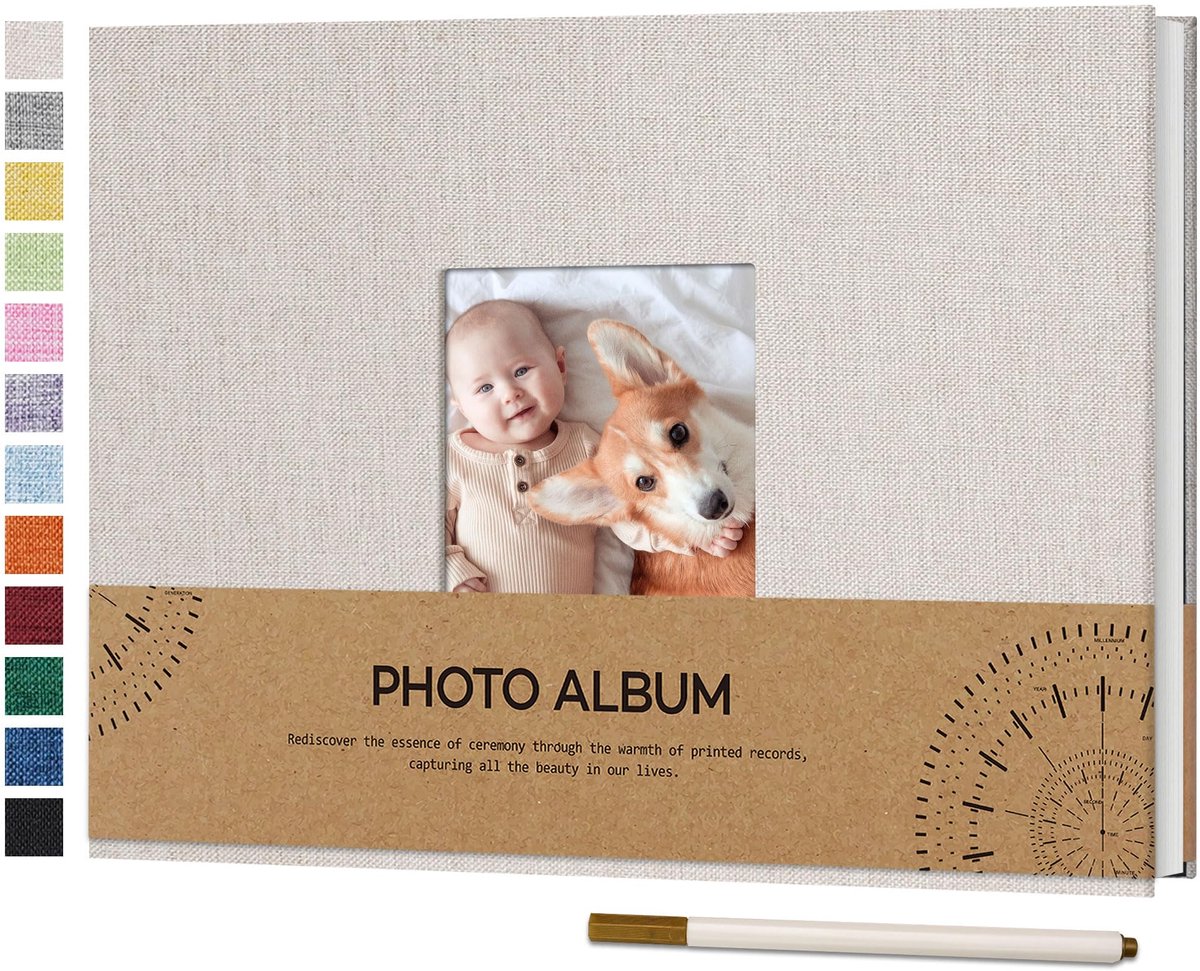 Zelfklevend fotoalbum met fotovenster voor foto‘s 10 x 15 cm, linnen omslag, DIY scrapbook, 40 witte pagina's, voor reizen, fotoboek met balpen, 21,5 x 30 cm, beige