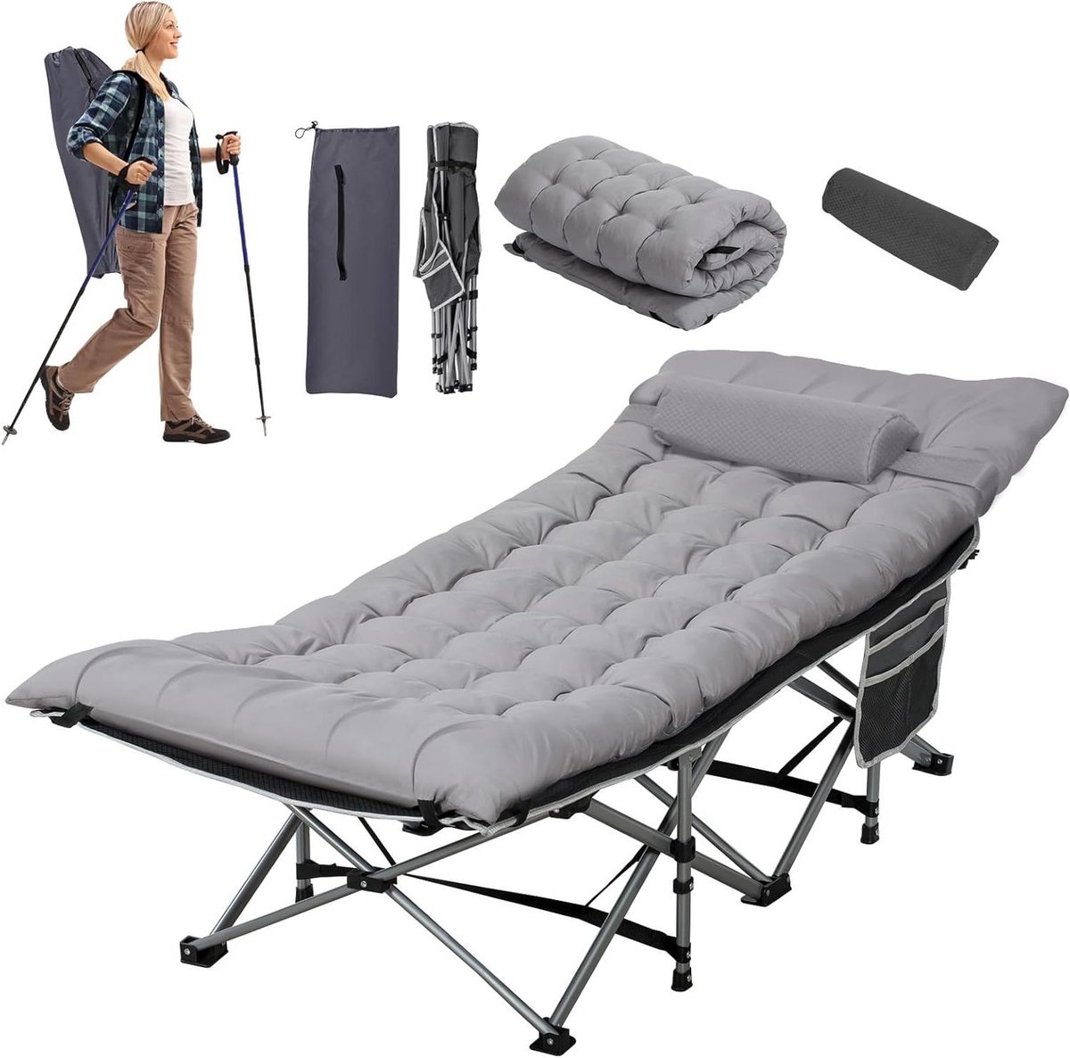 Opvouwbaar Campingbed - Kampeerbed Volwassenen - Buiten Ontspannen - Extra Dikke Matras - 190 x 71 x 38 cm - Grijs